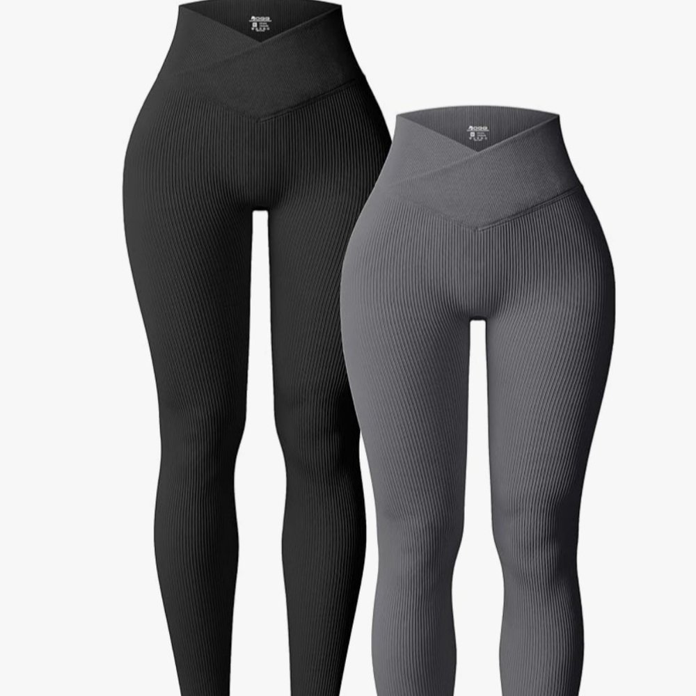 OQQ Women's 2 Piece Yoga Leggings Ribbed Seamless Workout High Waist Cross Over